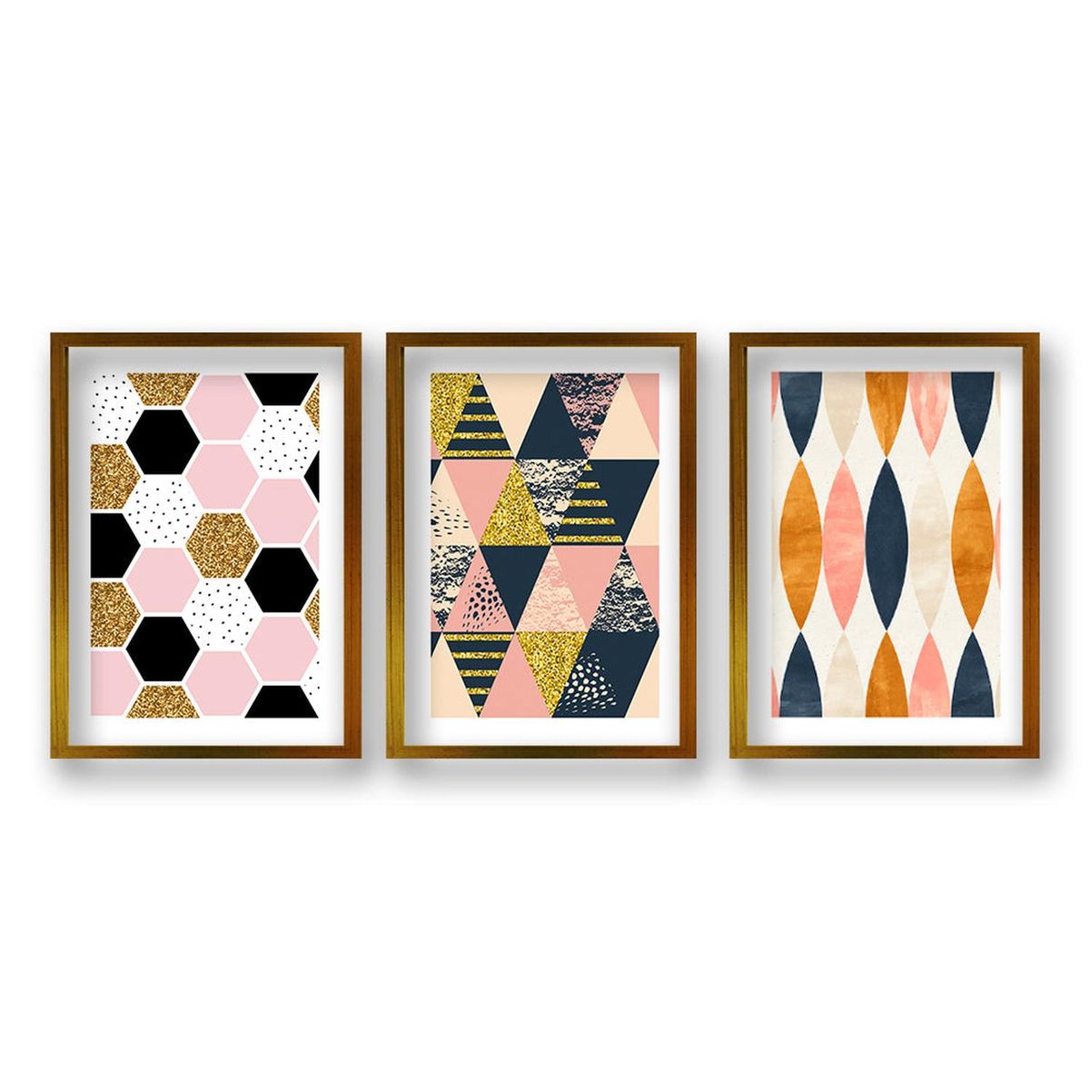 RETELA - Cuadro Trio Dorado Ilustración Geométrica - Dorado - 70x50 cm