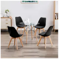 Comedor Vidrio Circular 80cm con 4 Sillas Negras Acolchadas