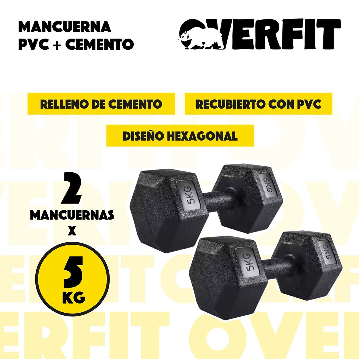 OVERFIT - Mancuerna Hexagonal 5KG Par Set X2 Pesas PVC 10KG Overfit