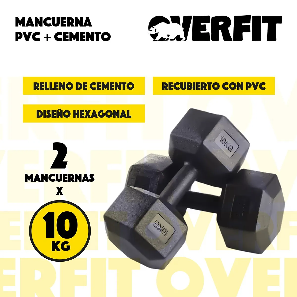OVERFIT - Mancuerna Hexagonal 10KG Par Set X2 Pesas PVC 20KG Overfit