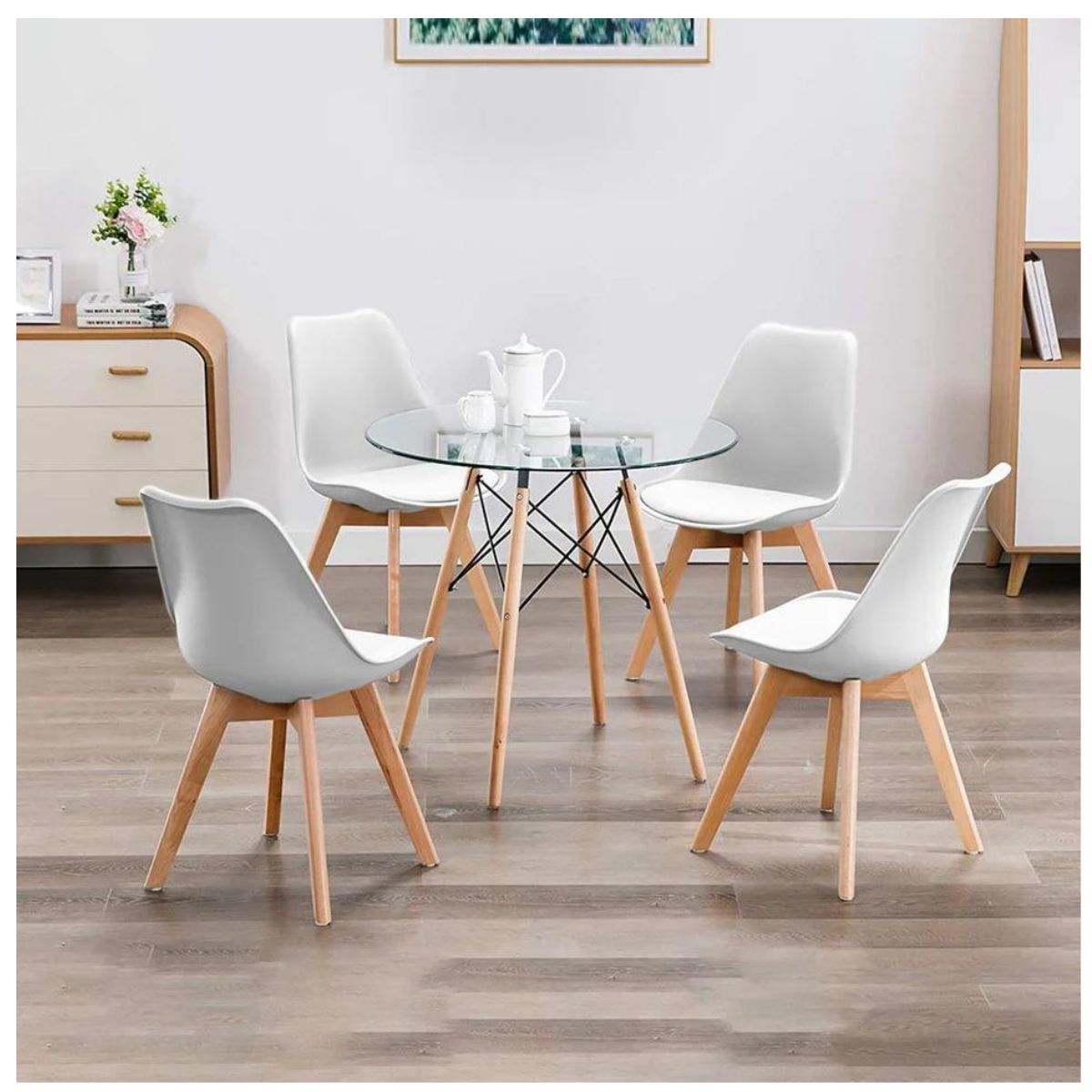 GENERICO - Comedor Vidrio Circular 80cm con 4 Sillas Blancas Acolchadas