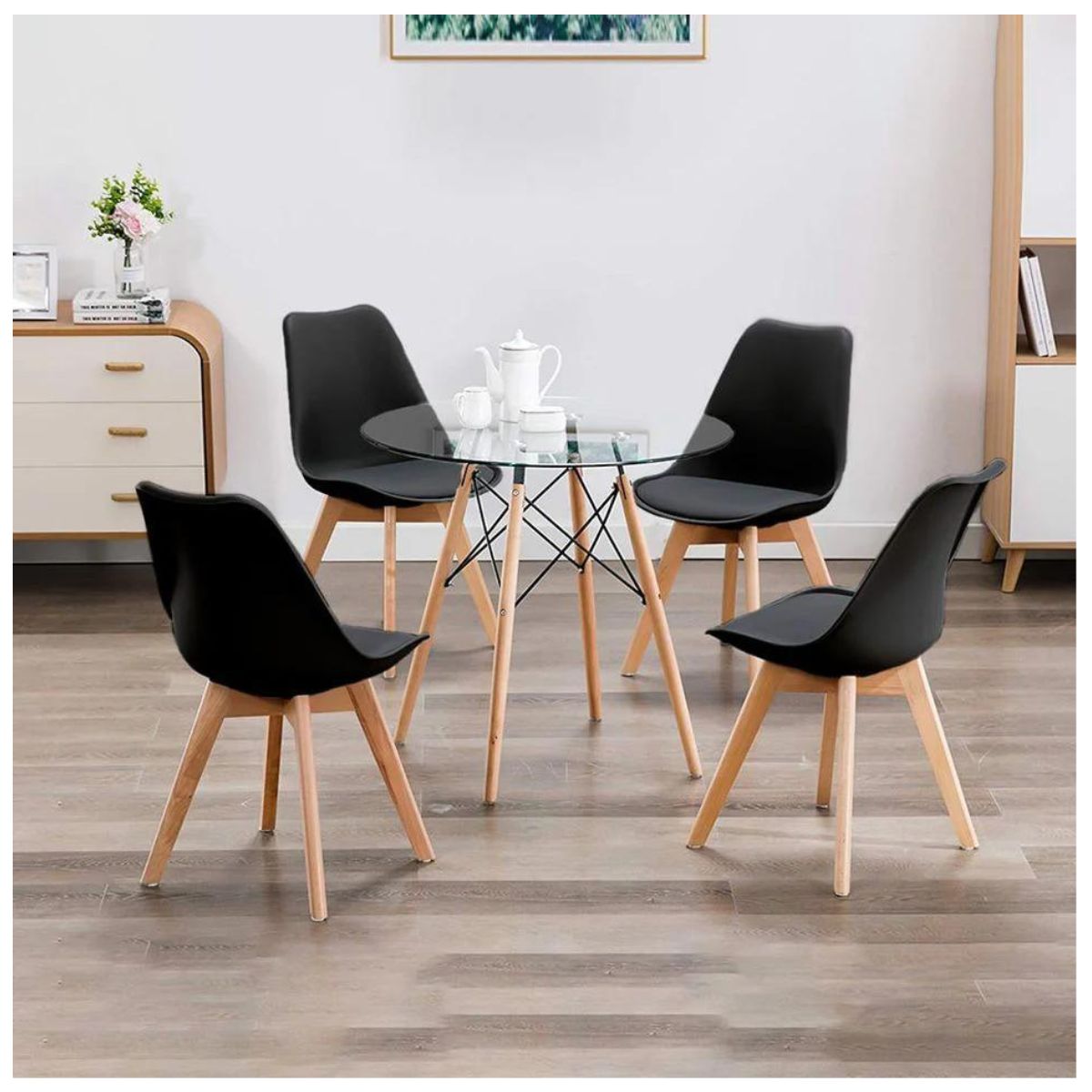 GENERICO - Juego de Comedor Vidrio 100cm con 4 Sillas Negras