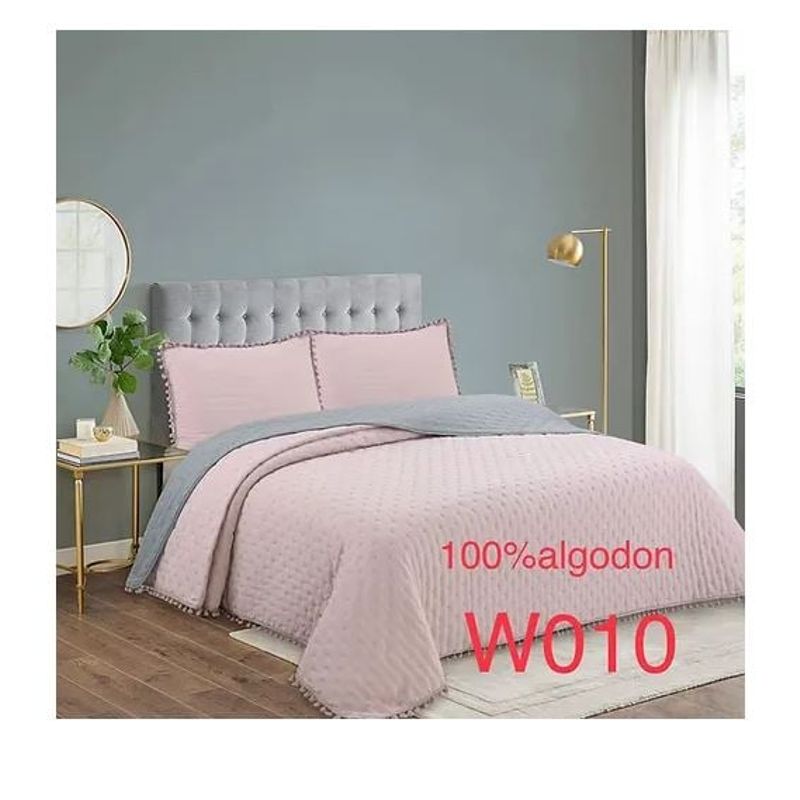 GENERICO - Cubrecama de algodon Quilt 2 Plazas Pompon Reversible