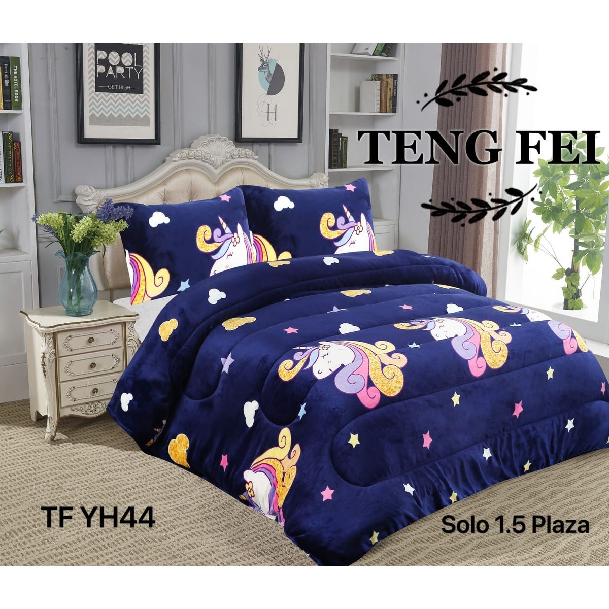 GENERICO - COBERTOR AZUL UNICORNIO 1.5 PLAZA PLUSH CON CHIPORRO TFI