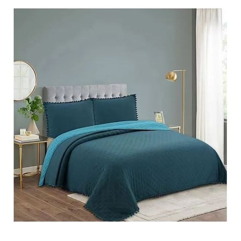 GENERICO - Cubrecama de algodon Quilt 2 Plazas Pompon Reversible