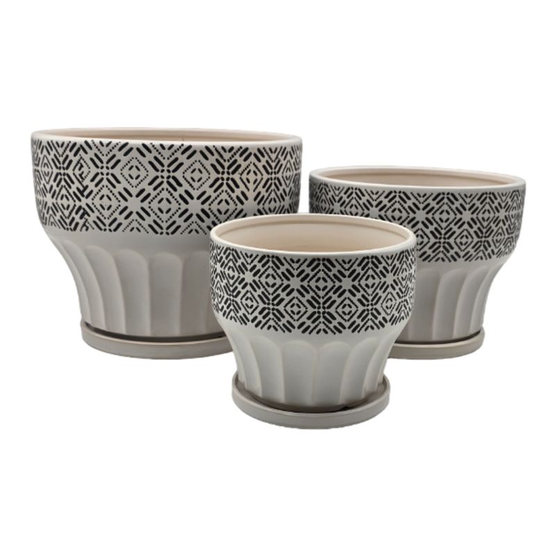 GENERICO - Set 3 Macetero Maceta De Ceramica Blanco Patrones Negro Alto