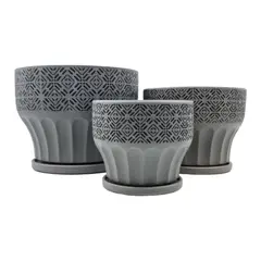 GENERICO - Set 3 Maceteros Maceta De Ceramica Gris Patrones Negro Alto