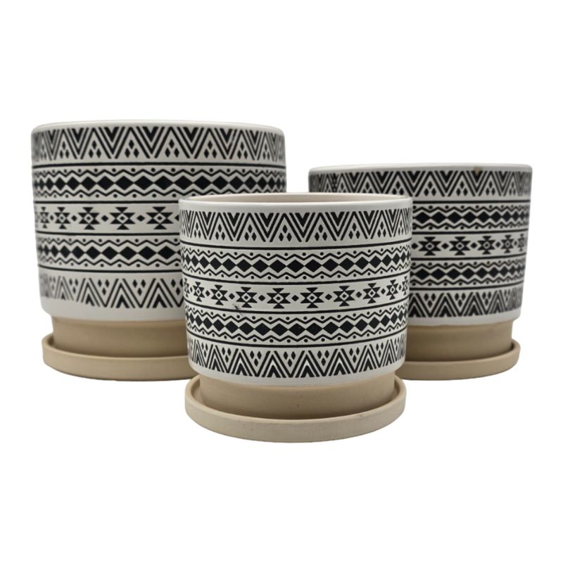 GENERICO - Set 3 Maceteros Maceta De Ceramica Blanco Con Patrones Negro