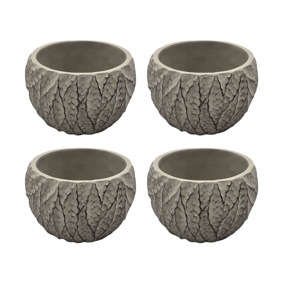 GENERICO - Set 4 Macetero Maceta Acabado Cemento Relieve Hojas Gris S