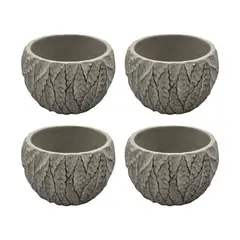 GENERICO - Set 4 Macetero Maceta Acabado Cemento Relieve Hojas Gris S