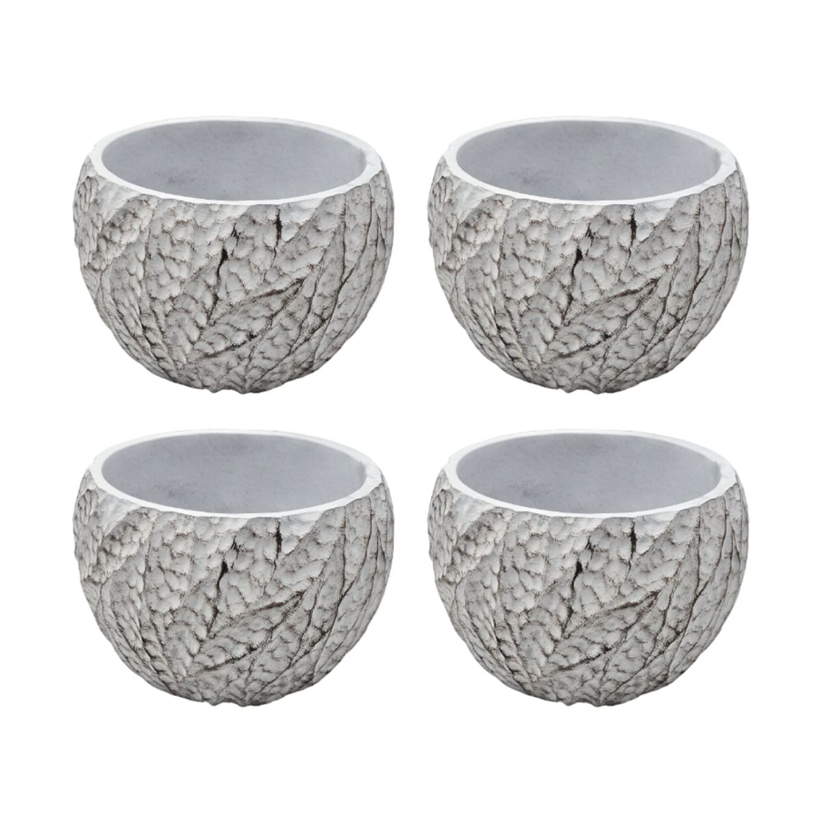 GENERICO - Set 4 Macetero Maceta Acabado Cemento Relieve Hojas Blanco S