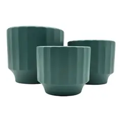 GENERICO - Set 3 Macetero Maceta De Ceramica Verde Lineas Verticales