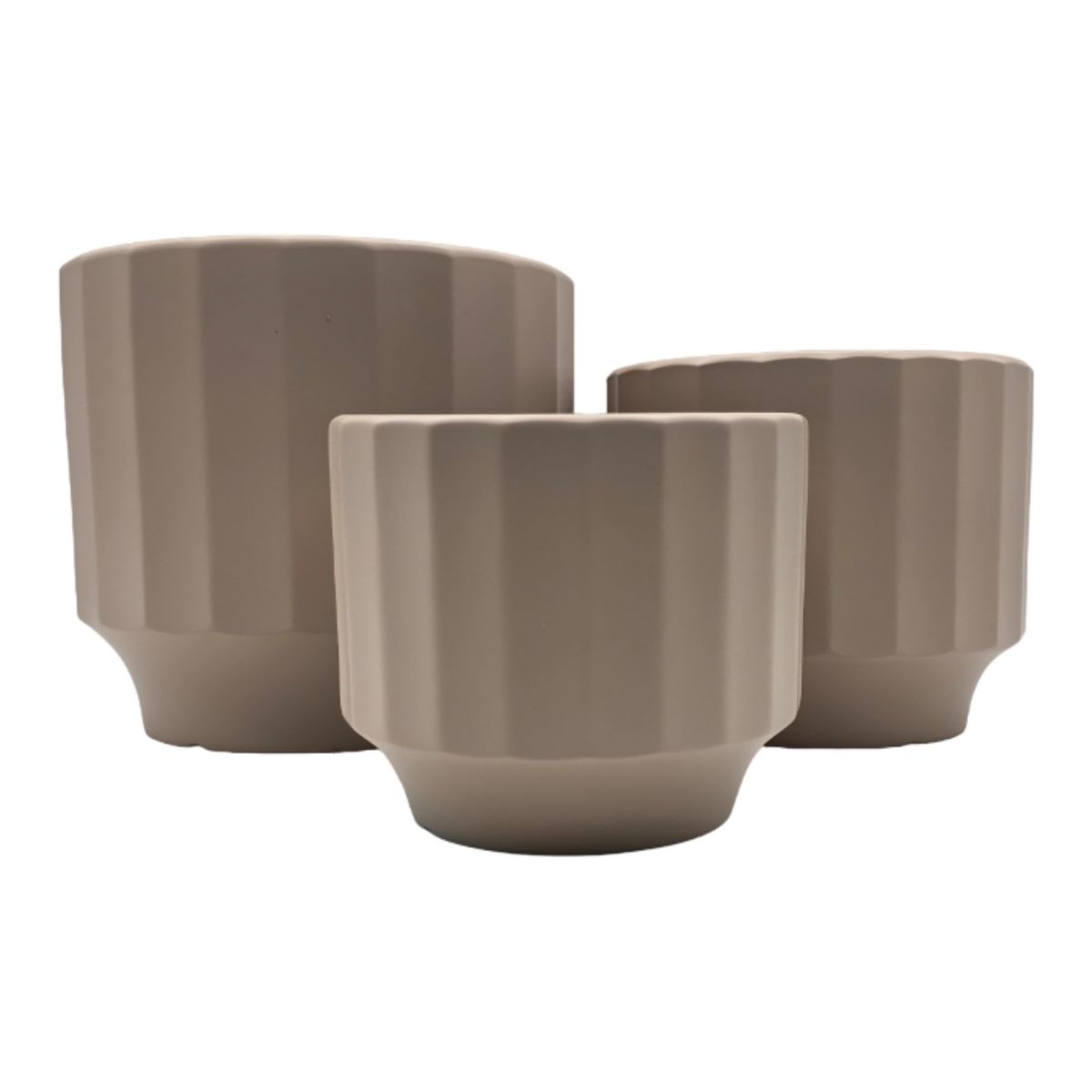 GENERICO - Set 3 Macetero Maceta De Ceramica Beige Lineas Verticales