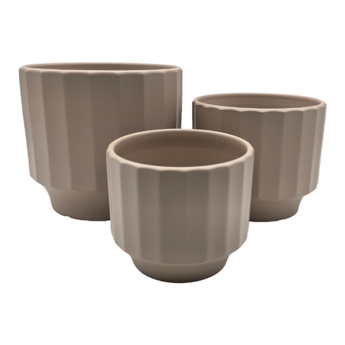 GENERICO - Set 3 Macetero Maceta De Ceramica Beige Lineas Verticales