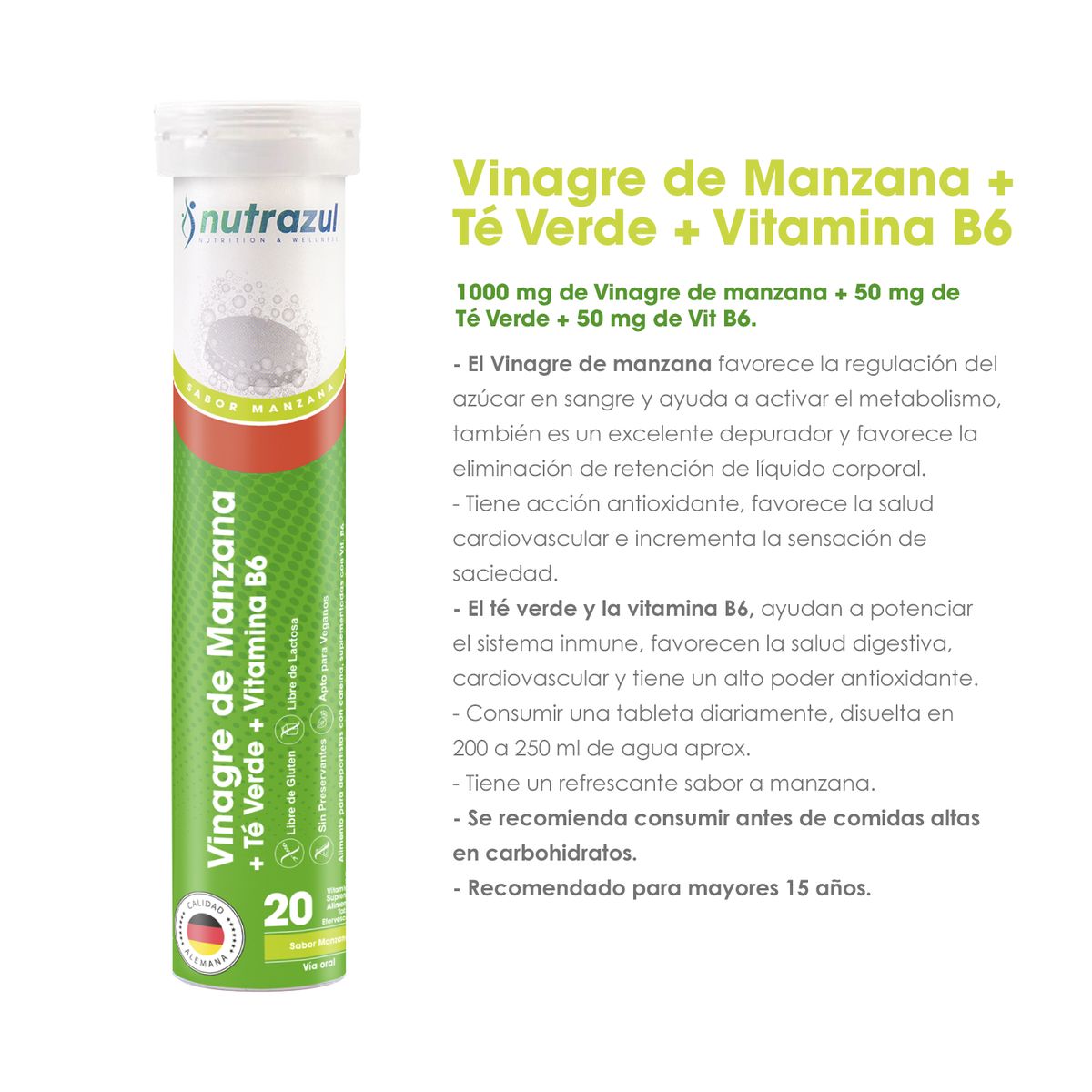 NUTRAZUL - Vinagre de Manzana 1000 mg + Té Verde + Vitamina B6 - Pack 3 unidades