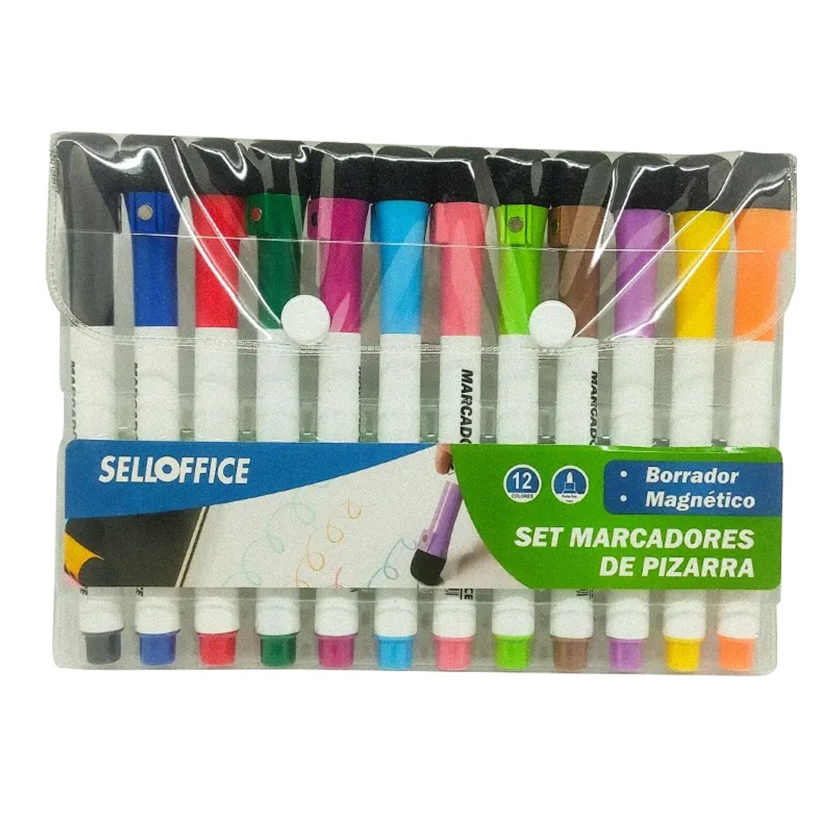 SELLOFFICE - Set 12 plumones de pizarra magnéticos con borrador