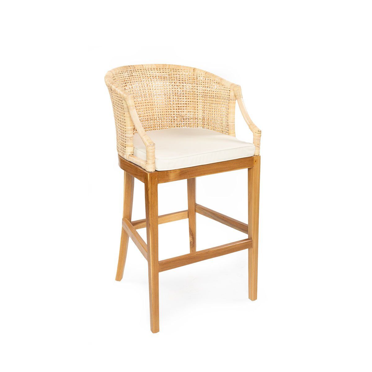 NECTAR - Taburete de Bar de Madera y Ratán con Asiento Tapizado Estilo Boho Moderno