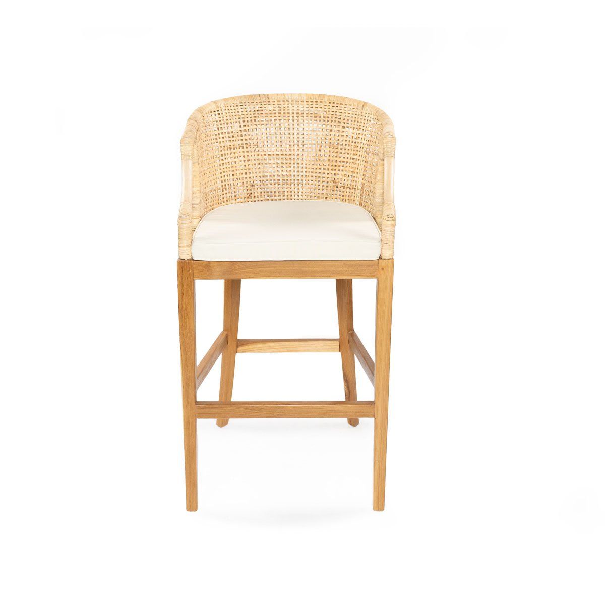 NECTAR - Taburete de Bar de Madera y Ratán con Asiento Tapizado Estilo Boho Moderno