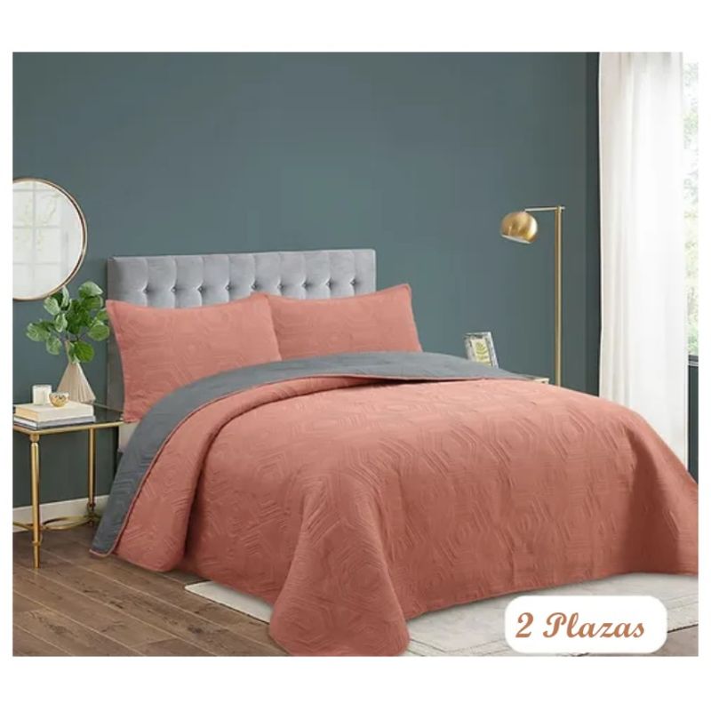 COMPRAPO - Cubrecama Quilt Liviano 2 Plazas Liso Hexagon Terra + 2 Fundas 50x70 Cm