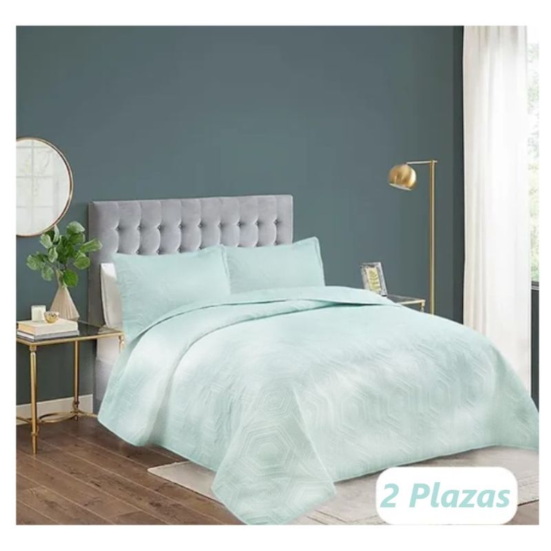 COMPRAPO - Cubrecama Quilt Liviano 2 Plazas Liso Hexagon Aqua + 2 Fundas 50x70 Cm