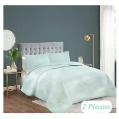 COMPRAPO - Cubrecama Quilt Liviano 2 Plazas Liso Hexagon Aqua + 2 Fundas 50x70 Cm
