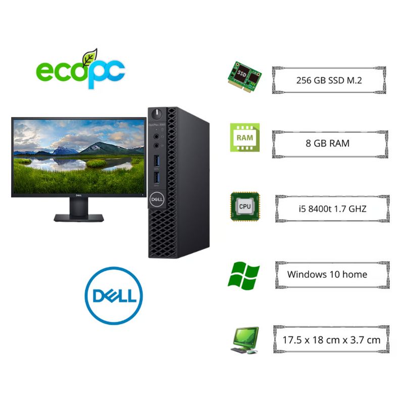 DELL - MicroPC Optiplex 3060M I5-8400T 1,70 GHz / 8GB / 256 SSD / WIFI /Monitor DELL E2420HS