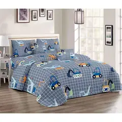 GENERICO - Cobertor Quilts de Verano 1,5 plaza - Gris Niño Camiones Constructor