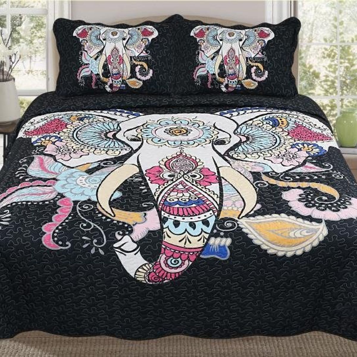 GENERICO - CUBRECAMA QUILT DE VERANO 1.5 PLAZAS CON DISEÑO ELEFANTE TF