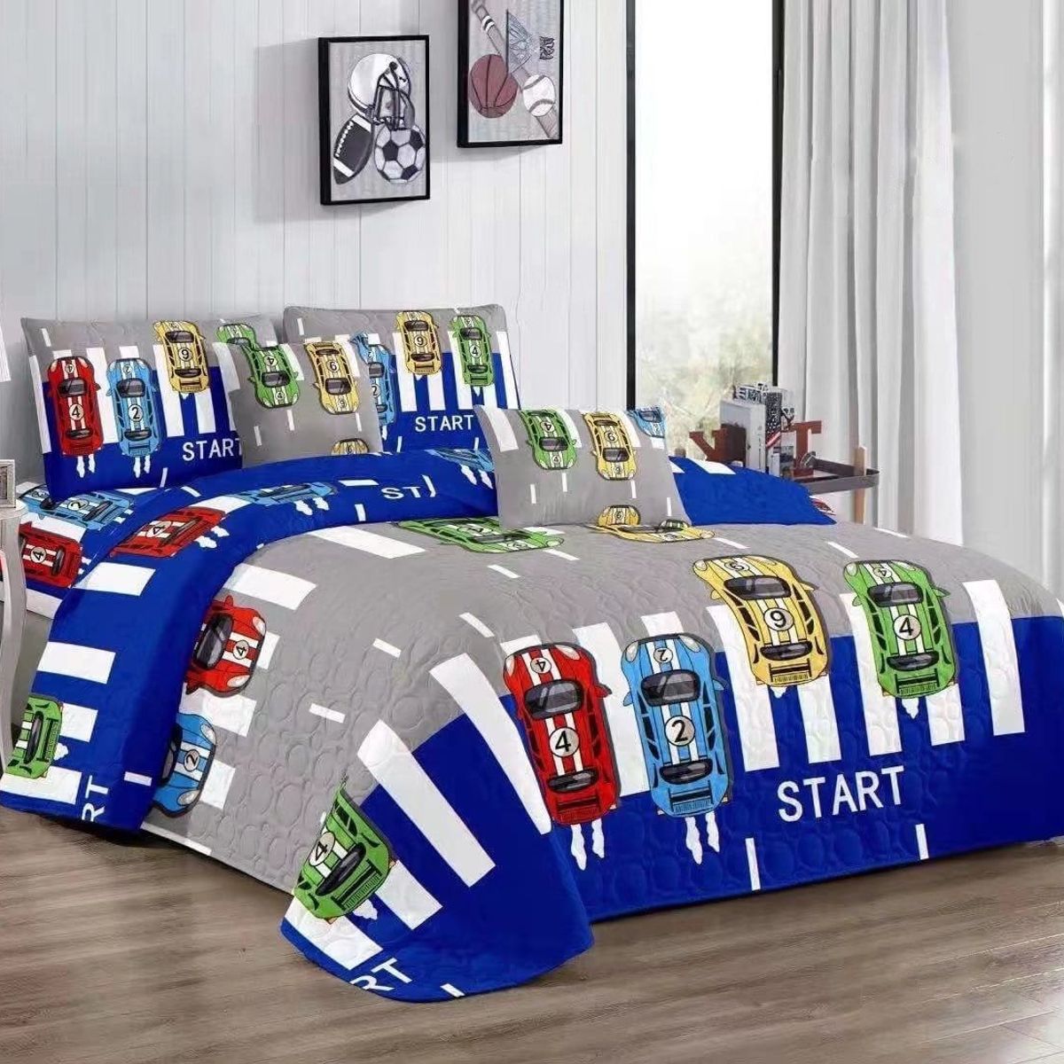 GENERICO - CUBRECAMA QUILT DE VERANO 1.5 PLAZAS CON DISEÑO INFANTIL CARROS TF