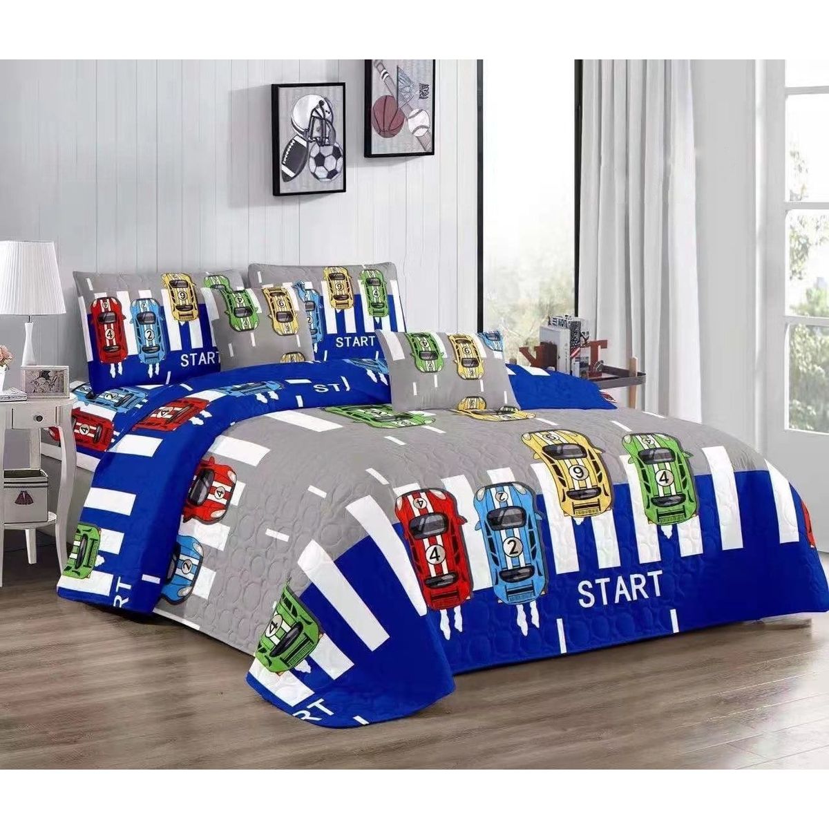 GENERICO - CUBRECAMA QUILT DE VERANO 1.5 PLAZAS CON DISEÑO INFANTIL CARROS TF