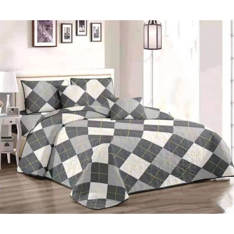 GENERICO - CUBRECAMA QUILT DE VERANO 1.5 PLAZAS CON DISEÑO GRIS CUADROS TF