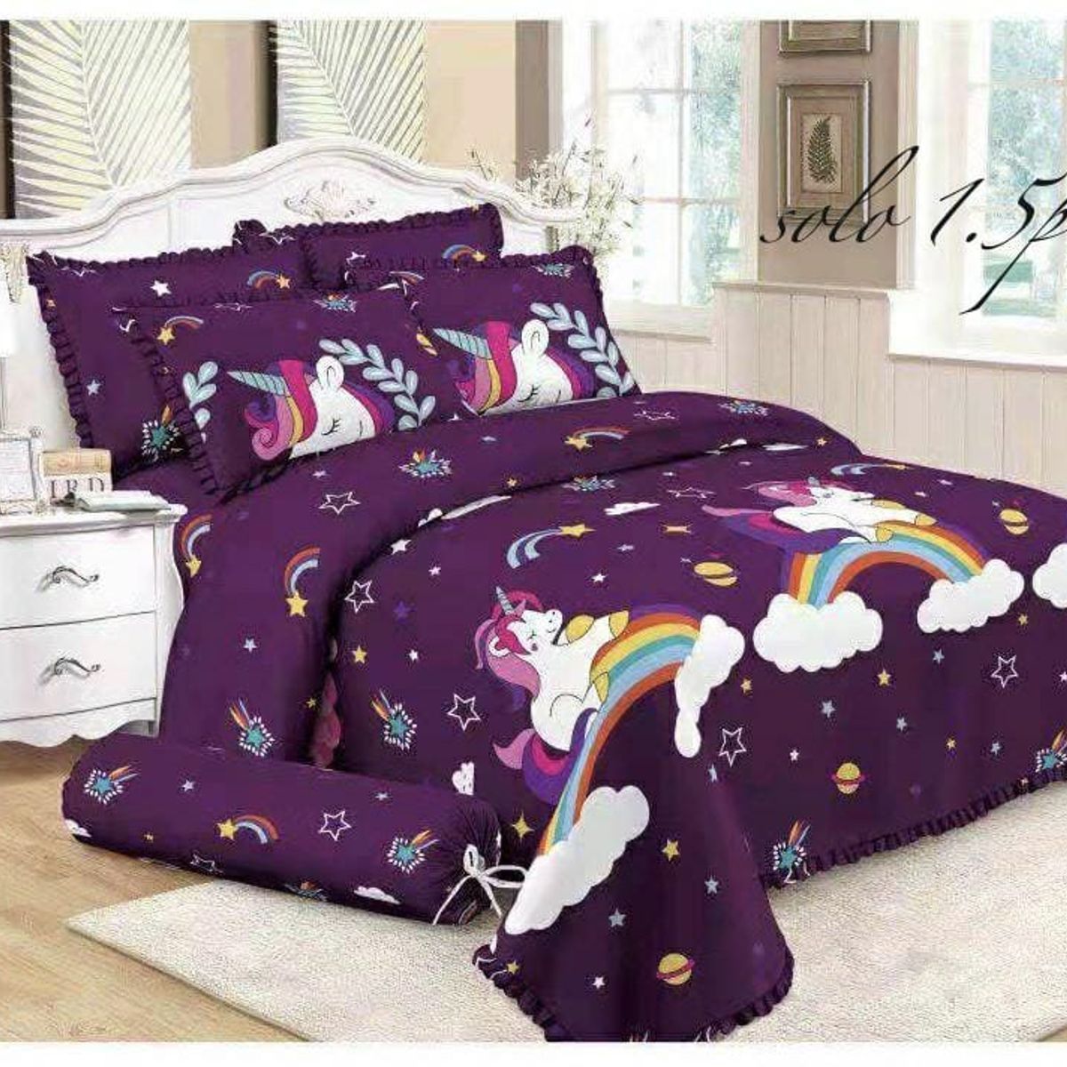 GENERICO - CUBRECAMA QUILT DE VERANO 1.5 PLAZAS CON DISEÑOUNICORNIO ARCOIRIS TF