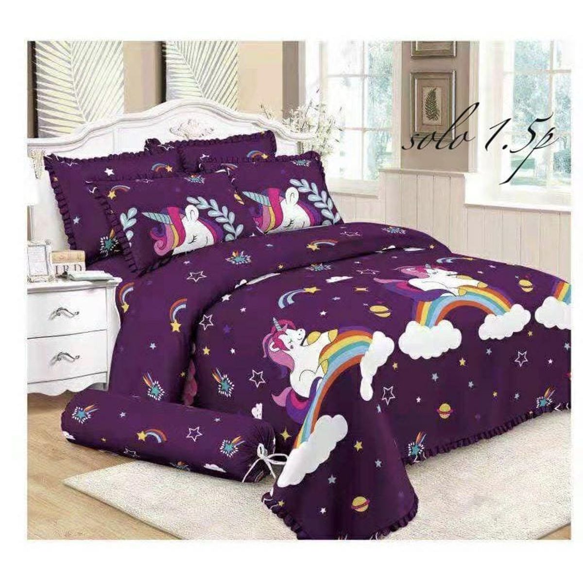 GENERICO - CUBRECAMA QUILT DE VERANO 1.5 PLAZAS CON DISEÑOUNICORNIO ARCOIRIS TF