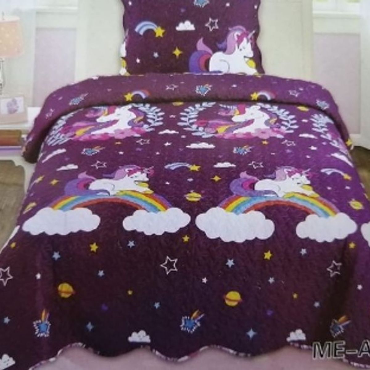 GENERICO - CUBRECAMA QUILT DE VERANO 1.5 PLAZAS CON DISEÑOUNICORNIO ARCOIRIS TF