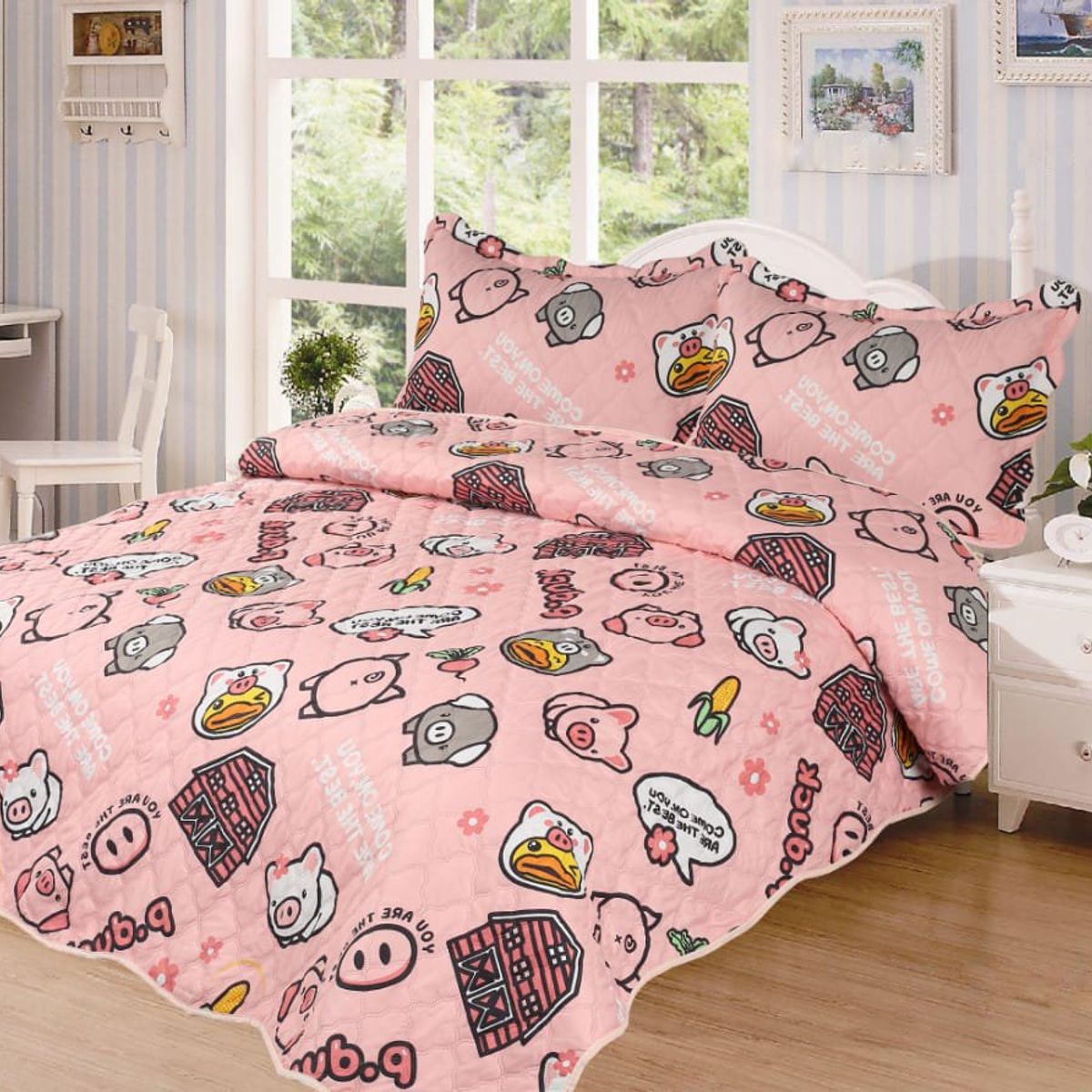 GENERICO - CUBRECAMA QUILT DE VERANO 1.5 PLAZAS CON DISEÑO ROSA PIG TF