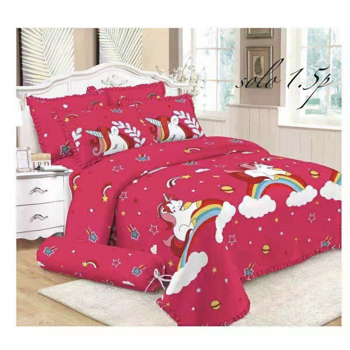 GENERICO - CUBRECAMA QUILT DE VERANO 1.5 PLAZAS CON DISEÑO UNICORNIO FUCSIA TF
