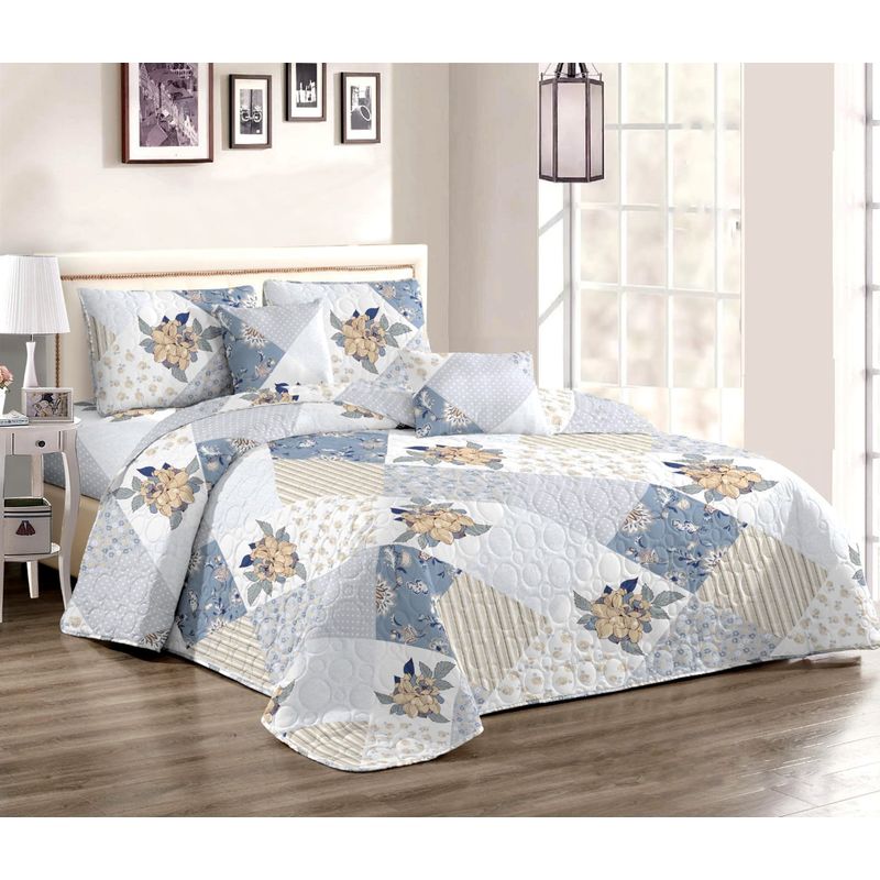 GENERICO - CUBRECAMA QUILT DE VERANO 1.5 PLAZAS CON DISEÑO CUADROS FLORES TF