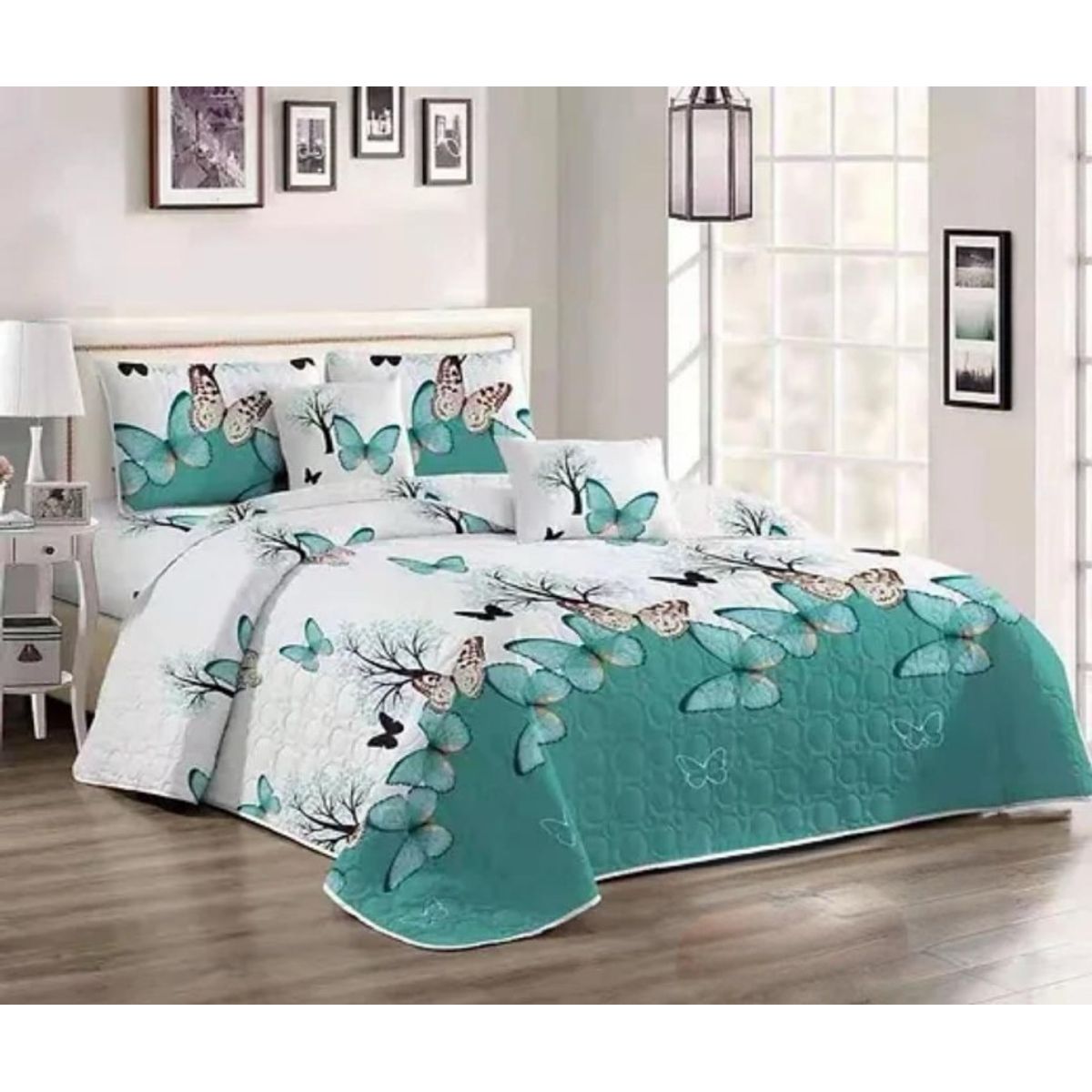 GENERICO - CUBRECAMA QUILT DE VERANO 1.5 PLAZAS CON DISEÑO MARIPOSAS TURQUESAS TF