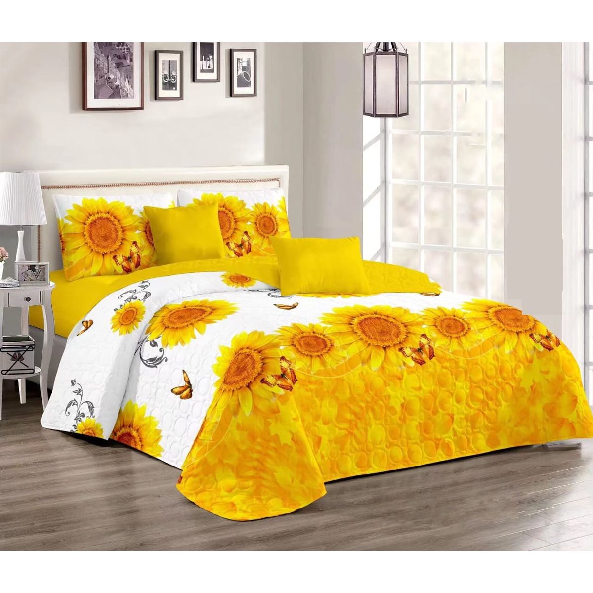 GENERICO - CUBRECAMA QUILT DE VERANO 2 PLAZAS CON DISEÑO GRIRASOL BLANCO TF