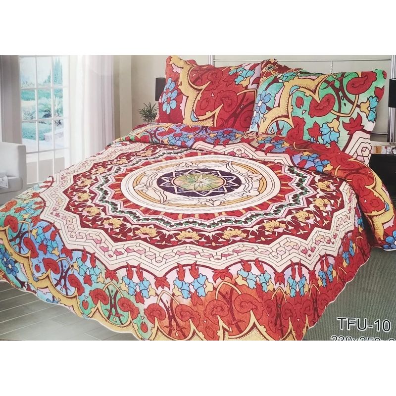 GENERICO - CUBRECAMA QUILT DE VERANO 2 PLAZAS CON DISEÑO MANDALA MULTICOLOR TF