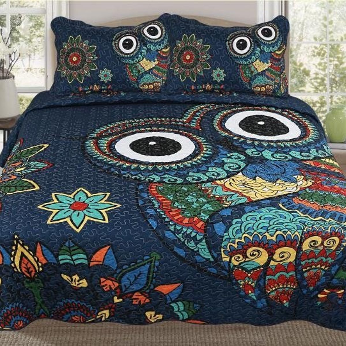 GENERICO - CUBRECAMA QUILT DE VERANO 2 PLAZAS CON DISEÑO BUHO TF