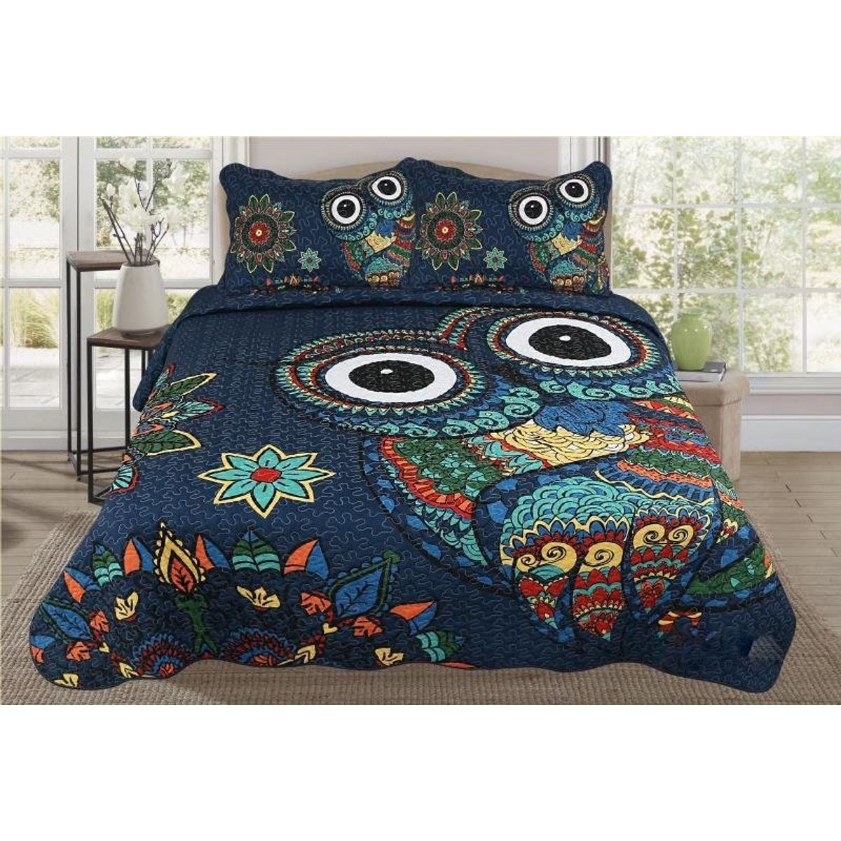 GENERICO - CUBRECAMA QUILT DE VERANO 2 PLAZAS CON DISEÑO BUHO TF