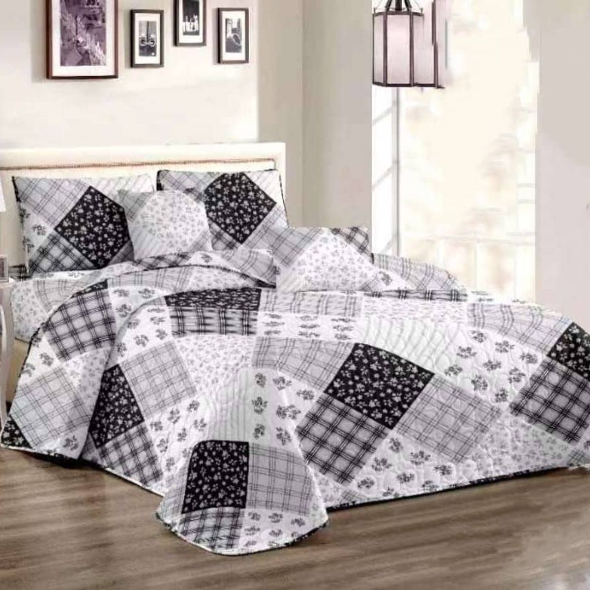 GENERICO - CUBRECAMA QUILT DE VERANO 2 PLAZAS CON DISEÑO GRIS CUADROS TF