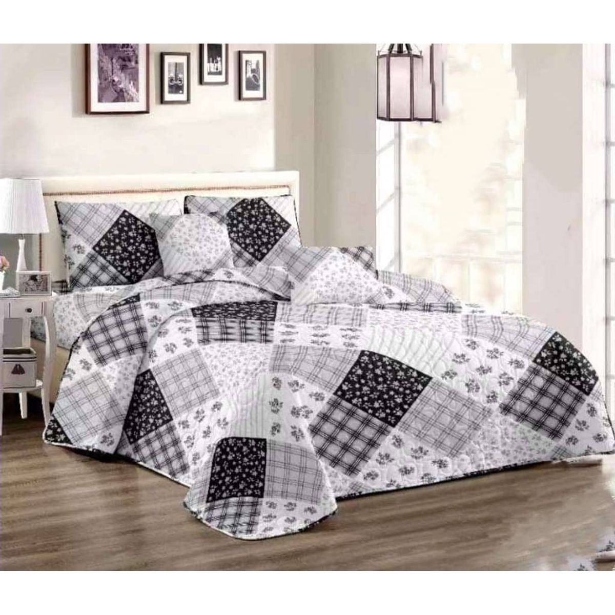 GENERICO - CUBRECAMA QUILT DE VERANO 2 PLAZAS CON DISEÑO GRIS CUADROS TF