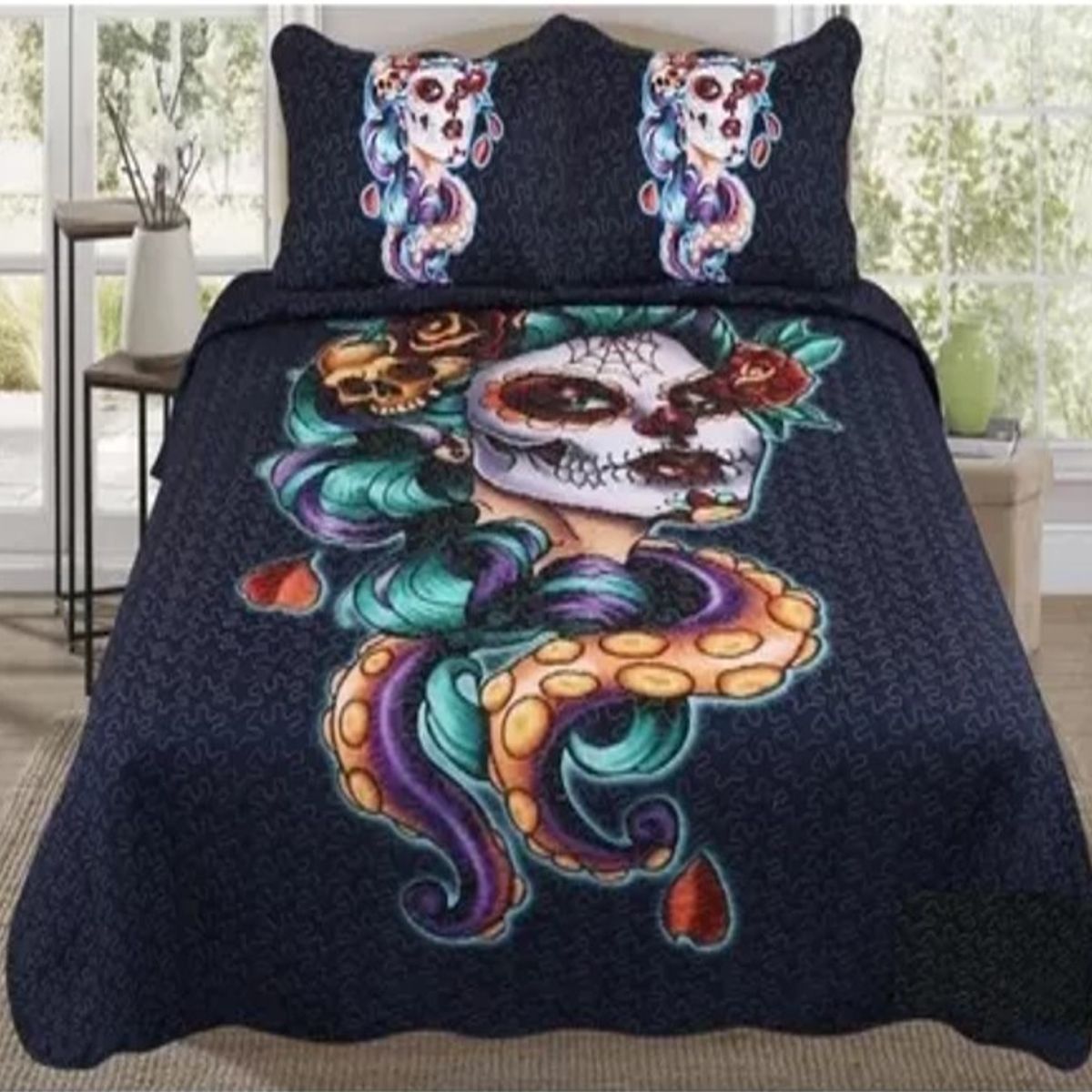 GENERICO - CUBRECAMA QUILT DE VERANO 2 PLAZAS CON DISEÑO MUJER HALLOWEN TF