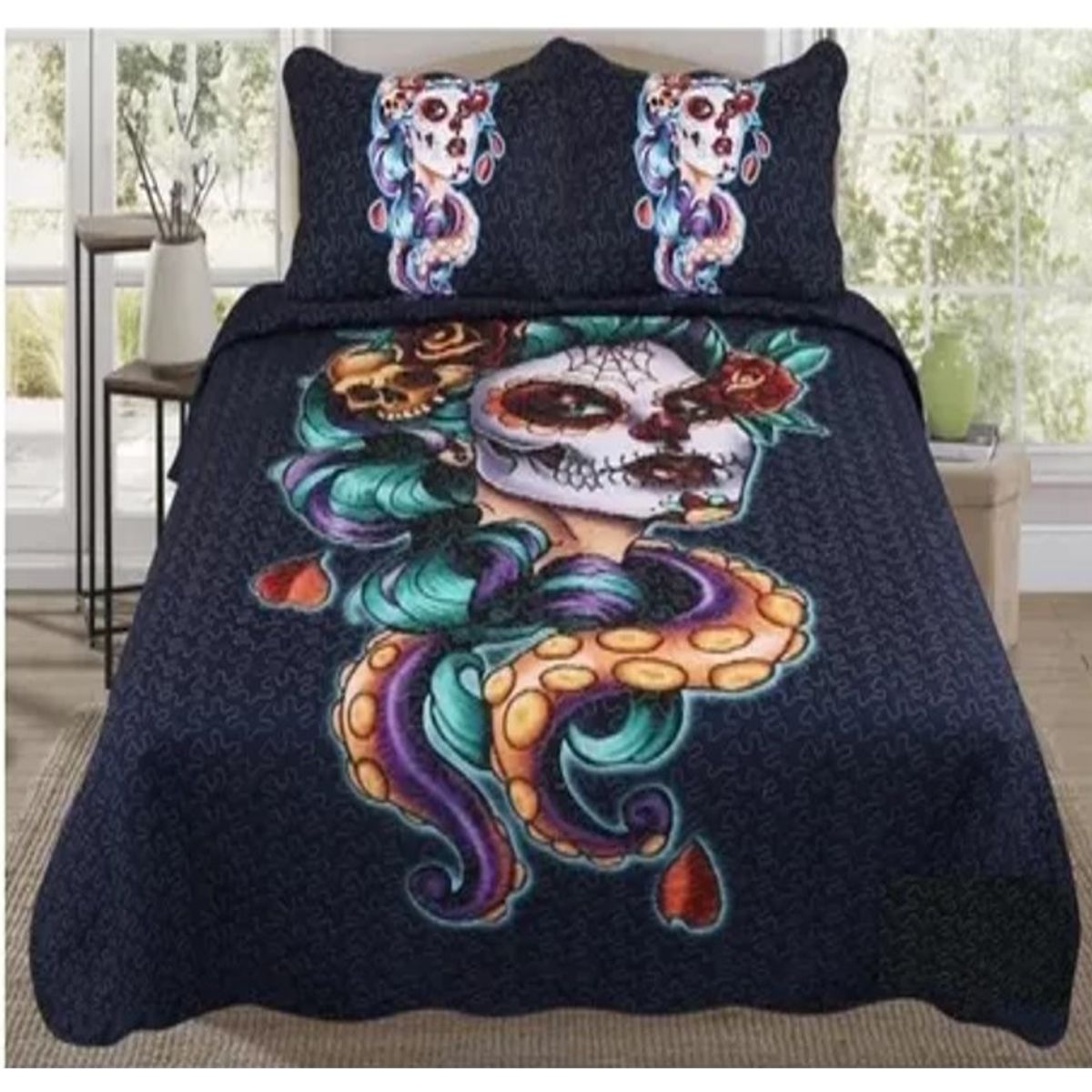 GENERICO - CUBRECAMA QUILT DE VERANO 2 PLAZAS CON DISEÑO MUJER HALLOWEN TF