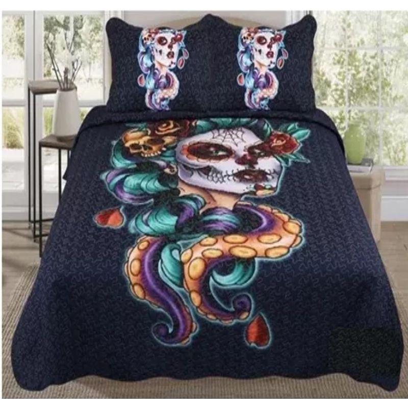 GENERICO - CUBRECAMA QUILT DE VERANO 2 PLAZAS CON DISEÑO MUJER HALLOWEN TF