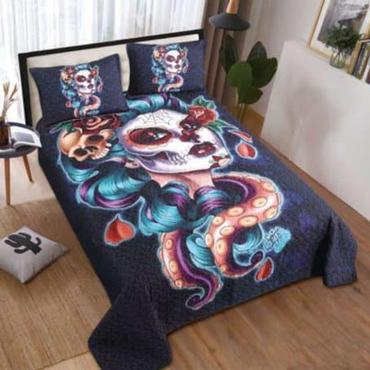 GENERICO - CUBRECAMA QUILT DE VERANO 2 PLAZAS CON DISEÑO MUJER HALLOWEN TF