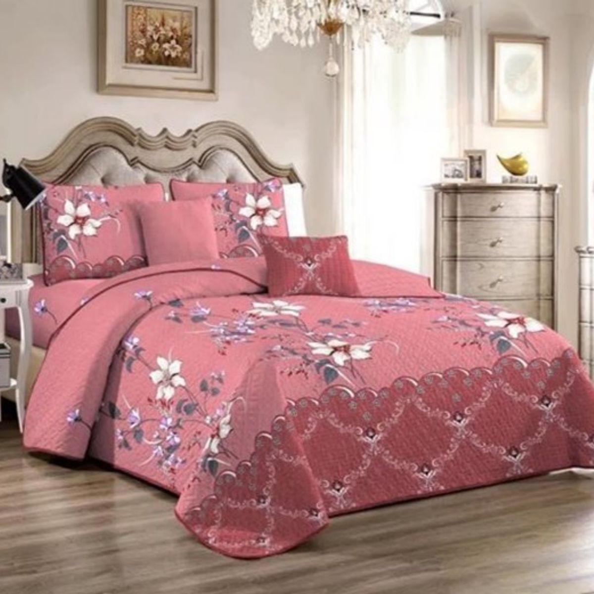 GENERICO - CUBRECAMA QUILT DE VERANO 2 PLAZAS CON DISEÑO ROSA MX