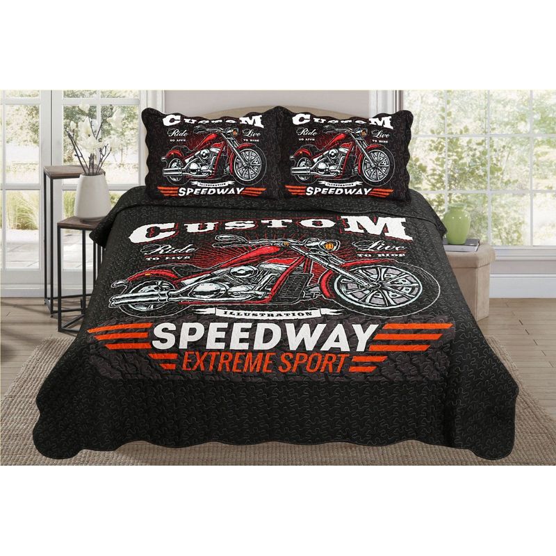 GENERICO - CUBRECAMA QUILT DE VERANO 2 PLAZAS CON DISEÑO MOTO TF